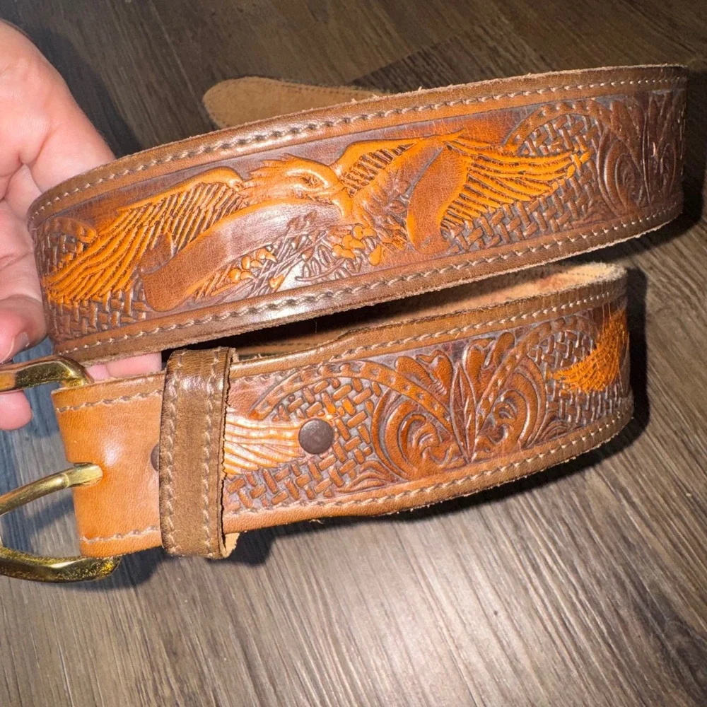 Chambers Men's Belt Western Tooled Leather Eagle Brown Size 36